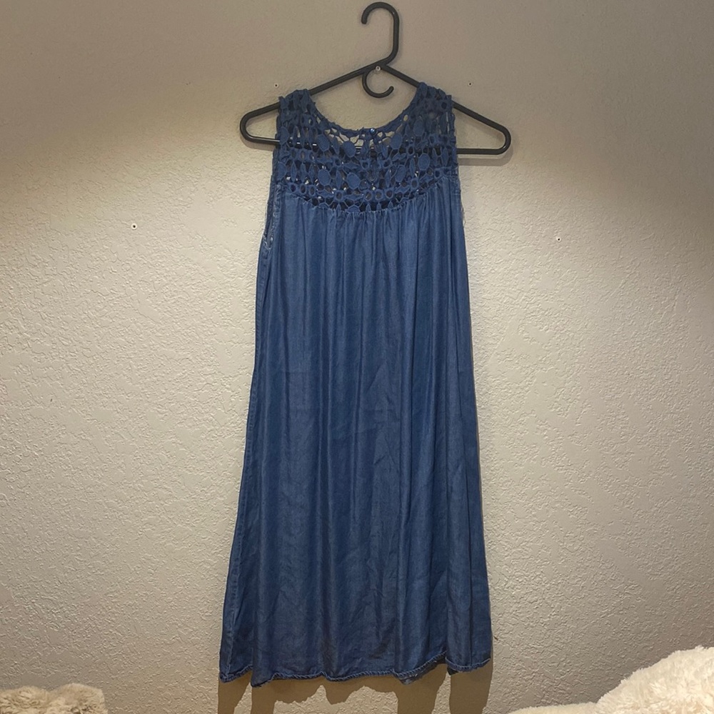 Denim look dress with crochet top! Size S. Knee length, and very soft.